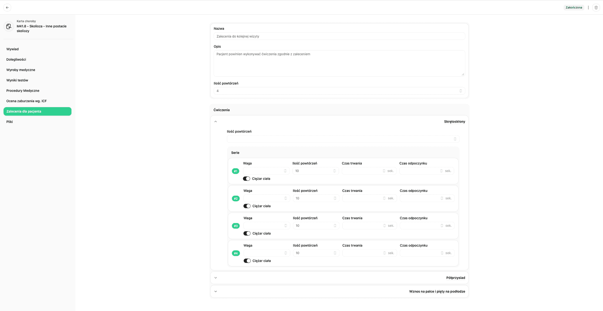 Zalecenia i plany ćwiczeń dla pacjenta